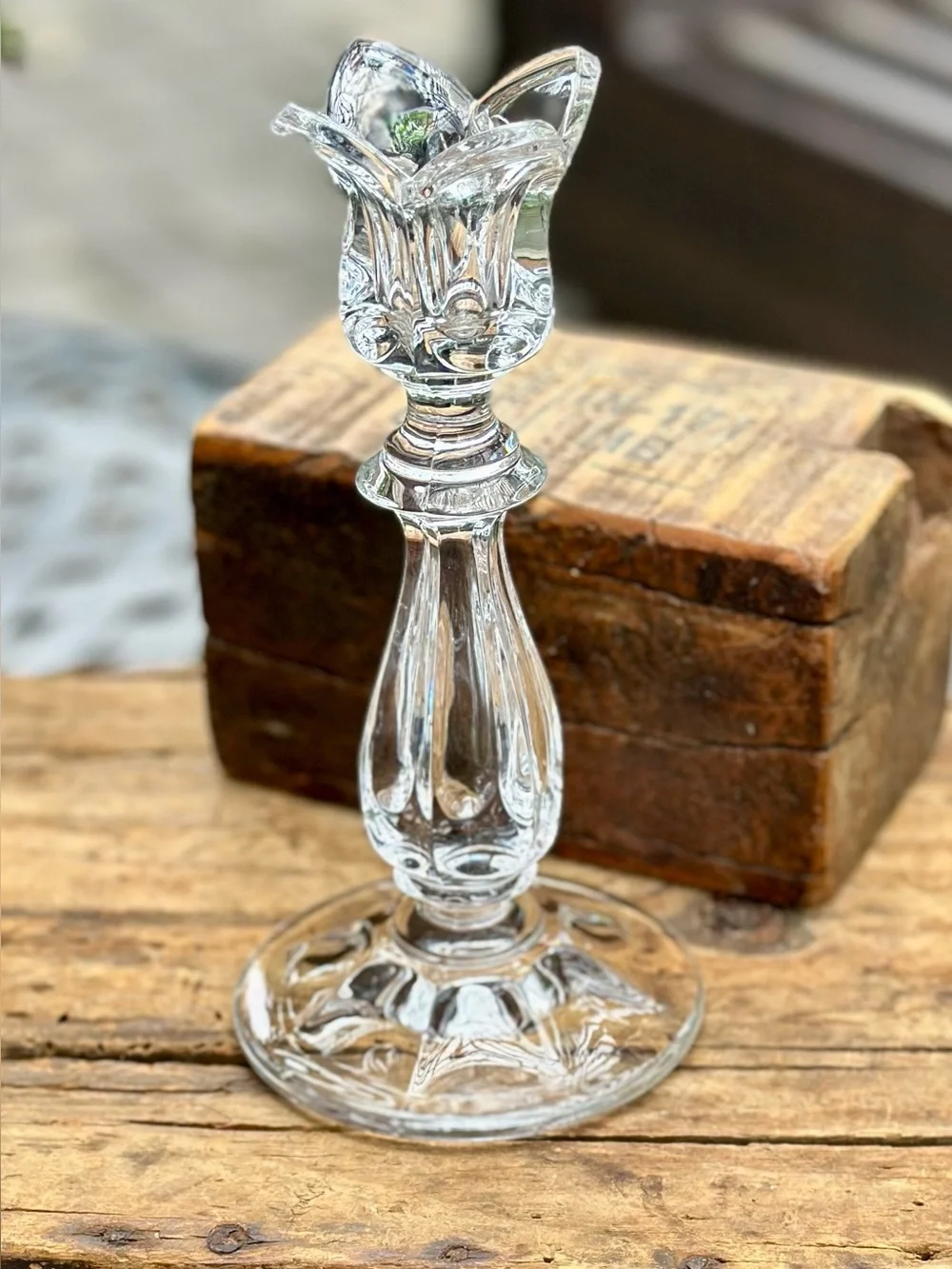 Vintage European Lead Crystal Tulip Candlestick Elegant Floral Design